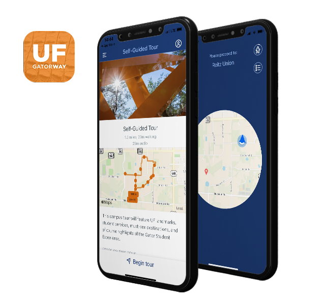 Two iphones displaying the UF GatorWay App, one of the self guided tour and another of a map
