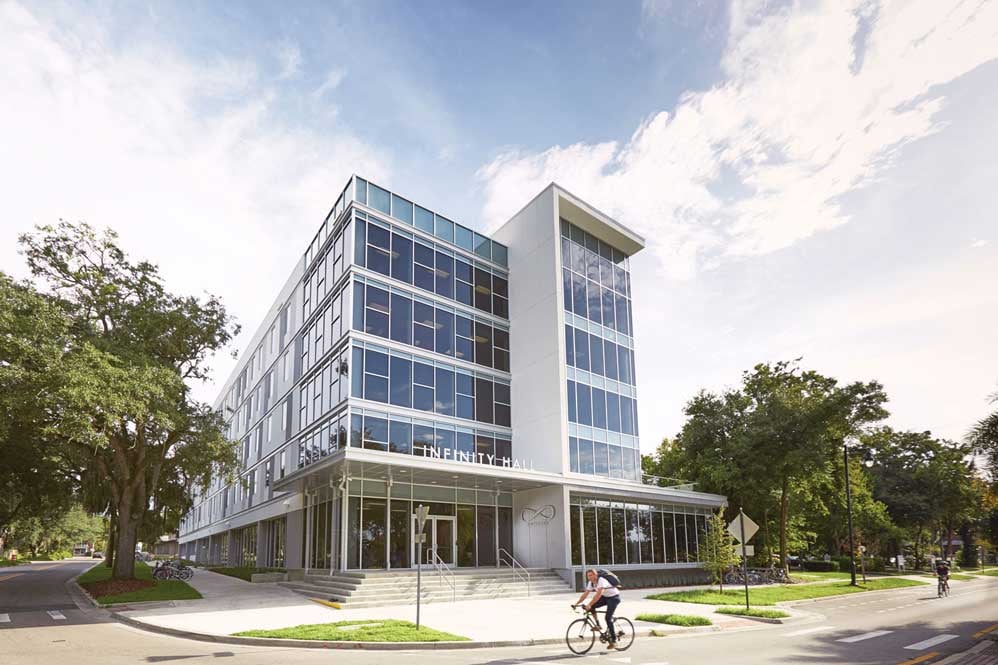 Exterior of Infinity Hall, a UF residence hall that houses students in the Innovation Academy