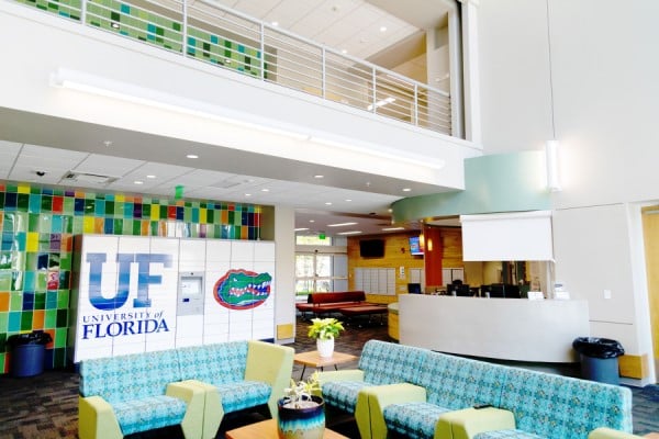 Interior lobby of Cypress Hall, the newest residence hall on campus