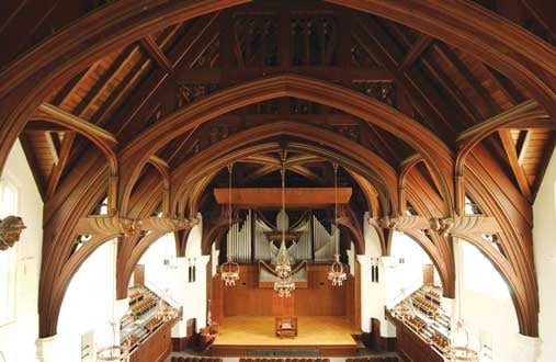 The auditorium is constructed with a hammerbeam ceiling