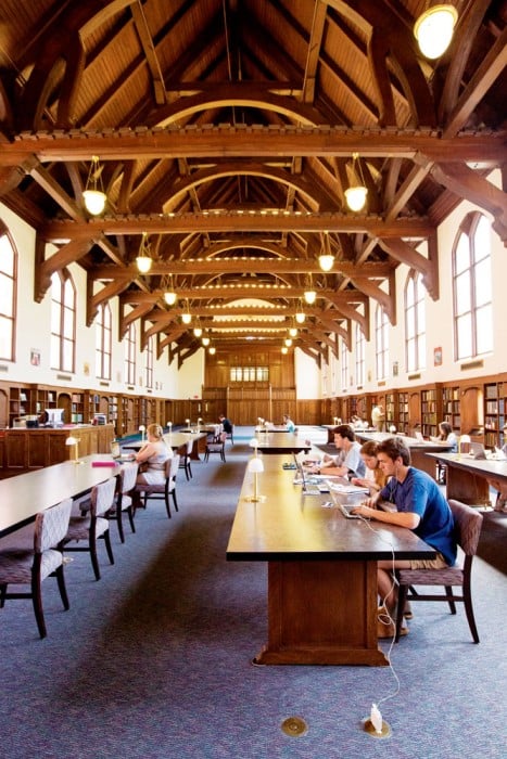Students studying in the Special Collections Library located in Smathers East. This large room features Hammerbeam Ceilings and was the original dining hall when UF opened the campus in 1905 