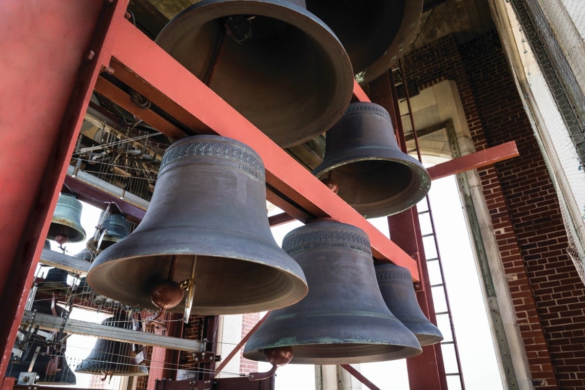close up shot of 5 bells that ring in century tower