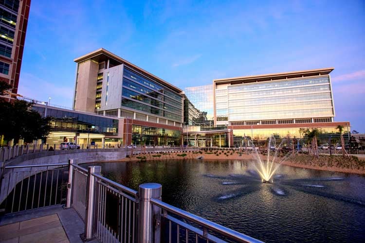 Exterior of the UF Health Heart and Vascular Hospital, part of the university's health science center campus
