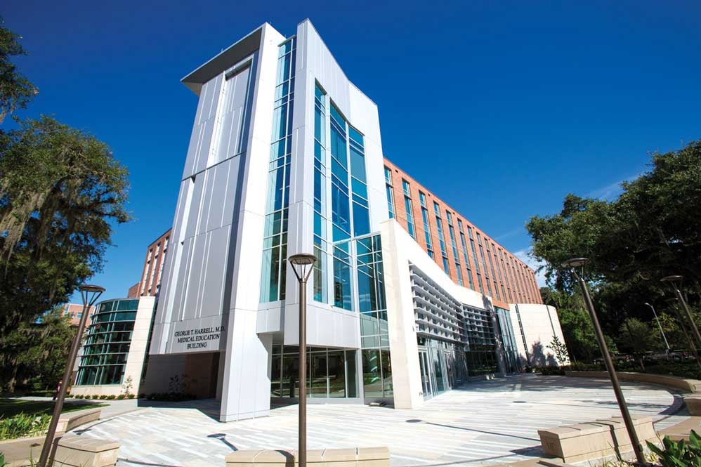 Exterior of the George T. Harrell Medical Education Teaching facility, part of the UF College of Medicine campus